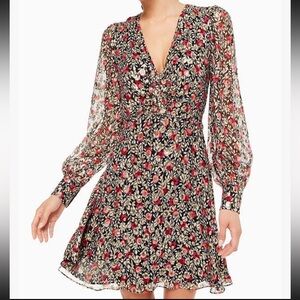 Kate Spade Silk Floral Park Clip Dot Metallic Long Sleeve Dress Size 6